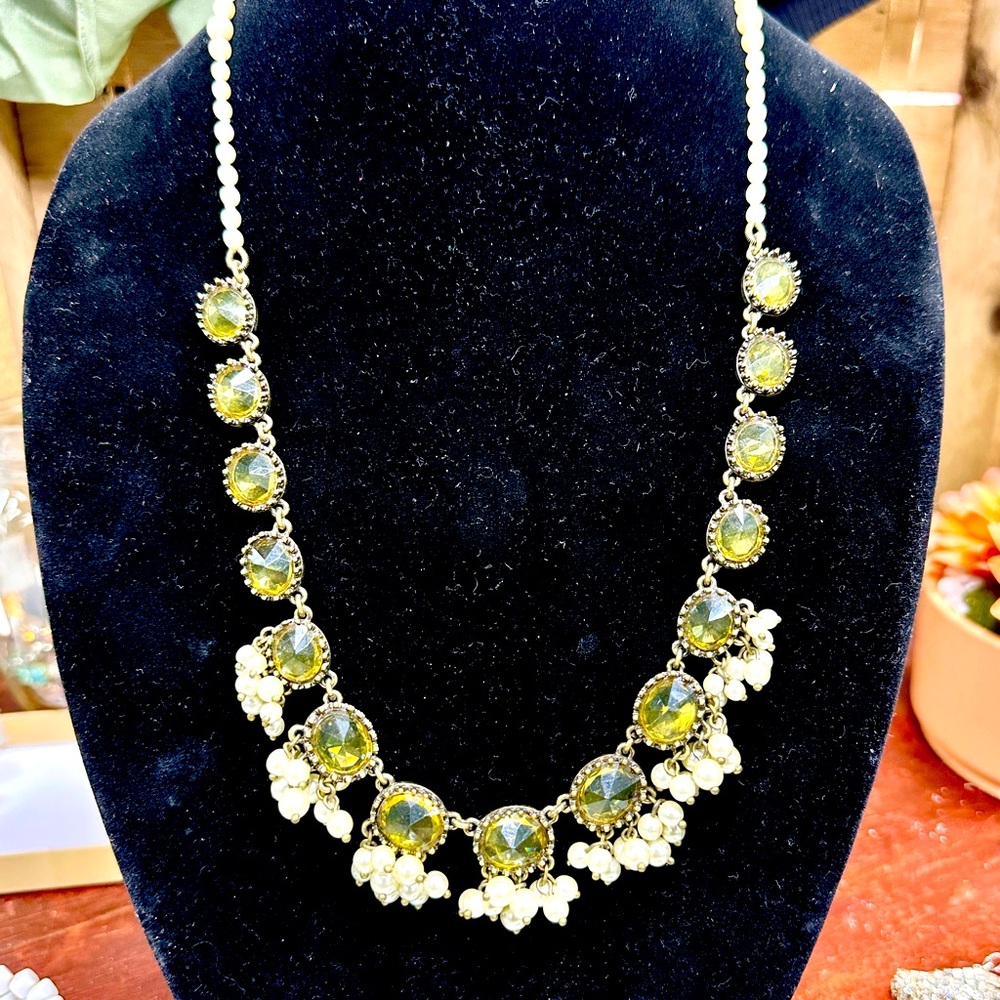 Vintage Signed J Crew Glass Rhinestone & Faux Pearl Necklace